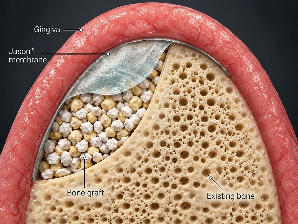 Cross-section of a jaw ridge where bone is being rebuilt. Pink gum, labelled gingiva, arches over the top. Under it a thin white sheet, the Jason membrane, covers a space packed with small bone graft granules, which rest against the sponge-like existing bone.