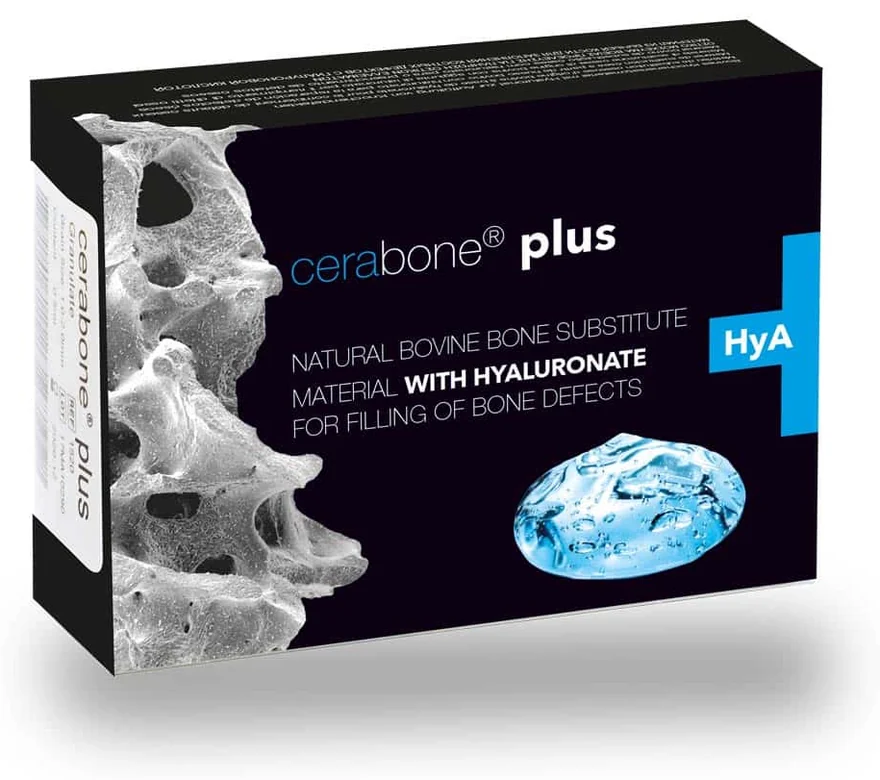 The cerabone plus pack, labelled natural bovine bone substitute material with hyaluronate.