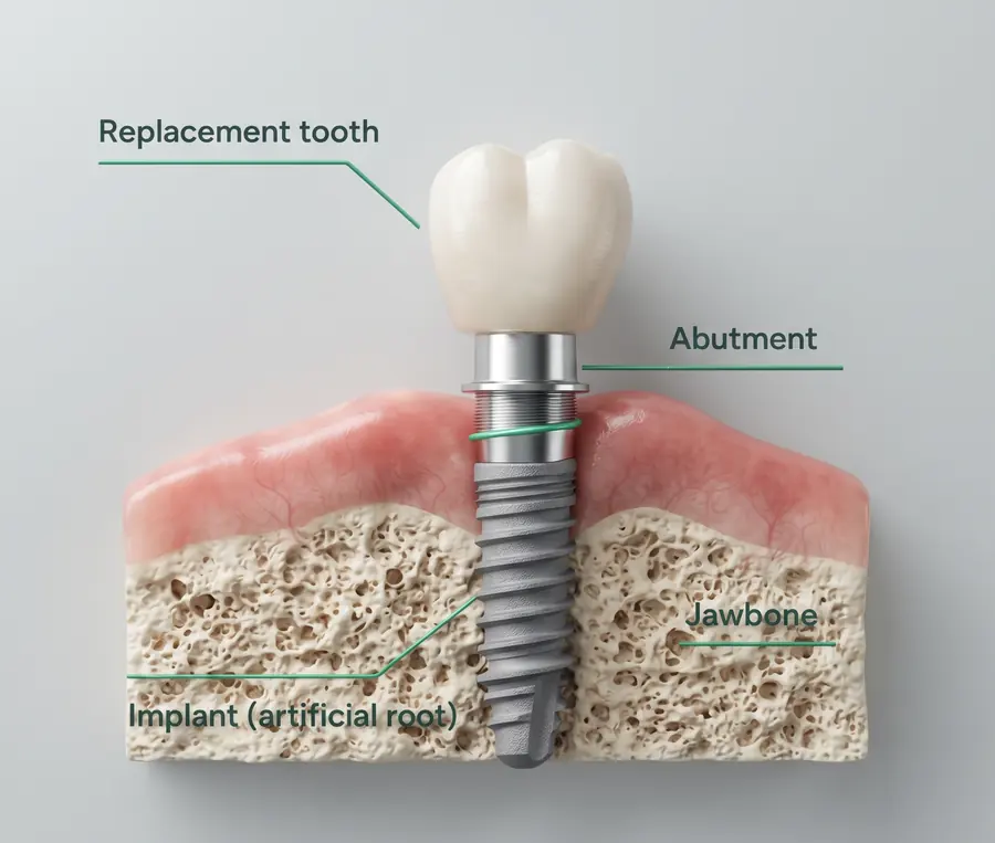 Cross-section of a jaw. An implant, labelled as an artificial root, sits in the jawbone below the gum. An abutment on top of it holds the replacement tooth.