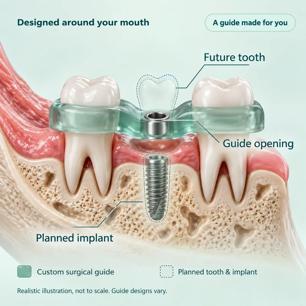 Illustration of a jaw in cross-section. A clear green surgical guide rests on the two teeth either side of a gap. A metal ring in the guide sits over the gap, lined up with a dotted outline of the future tooth above and a dotted outline of the planned implant in the bone below.