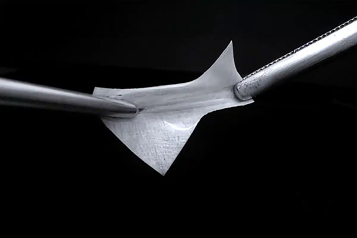 A thin, flexible sheet of Jason membrane held between two surgical instruments.