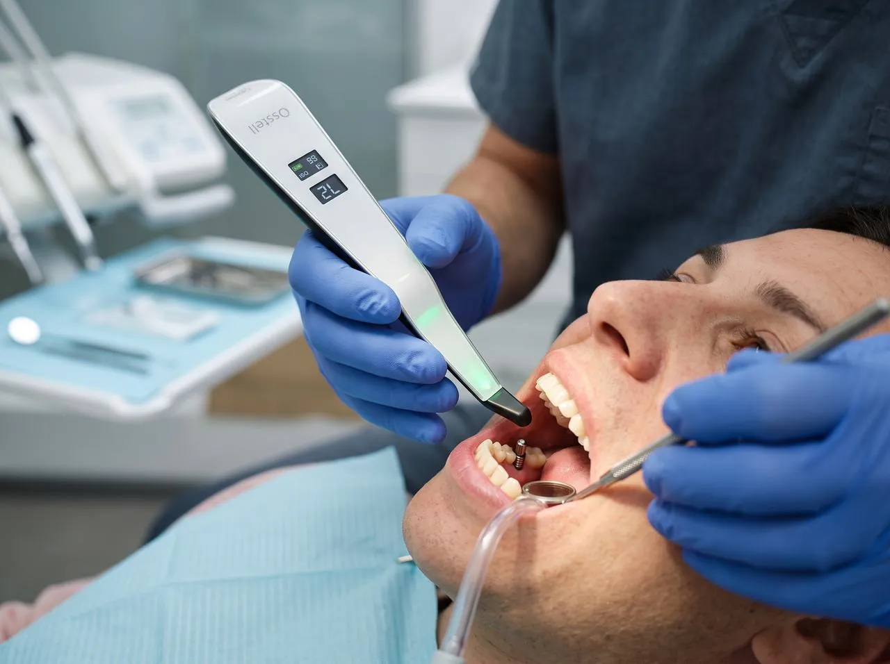 A dentist holds the Osstell Beacon reader just above a small peg fitted to an implant in a patient’s lower jaw. A green light glows near the tip of the reader.
