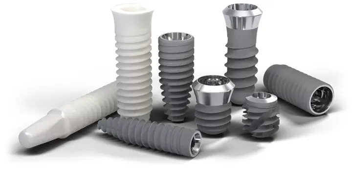 A range of Straumann implants in different shapes and sizes, in grey titanium and white ceramic.
